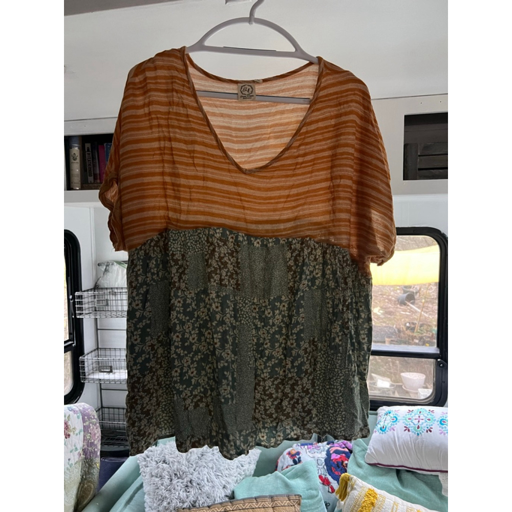 Women's Grace & Emma Tunic XL Orange Green Striped Floral